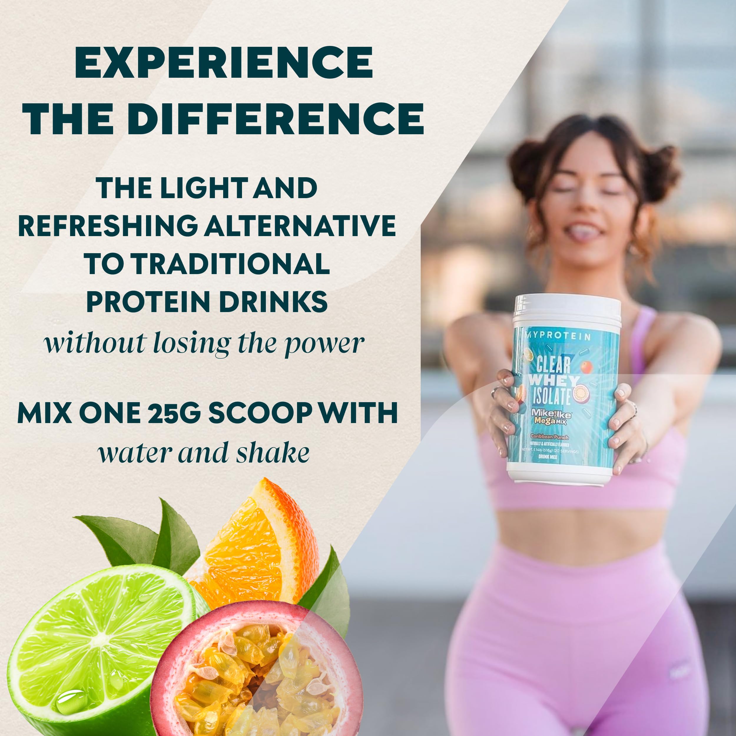 Myprotein vaso con bebida clara Caribbean Punch refrescante y proteica