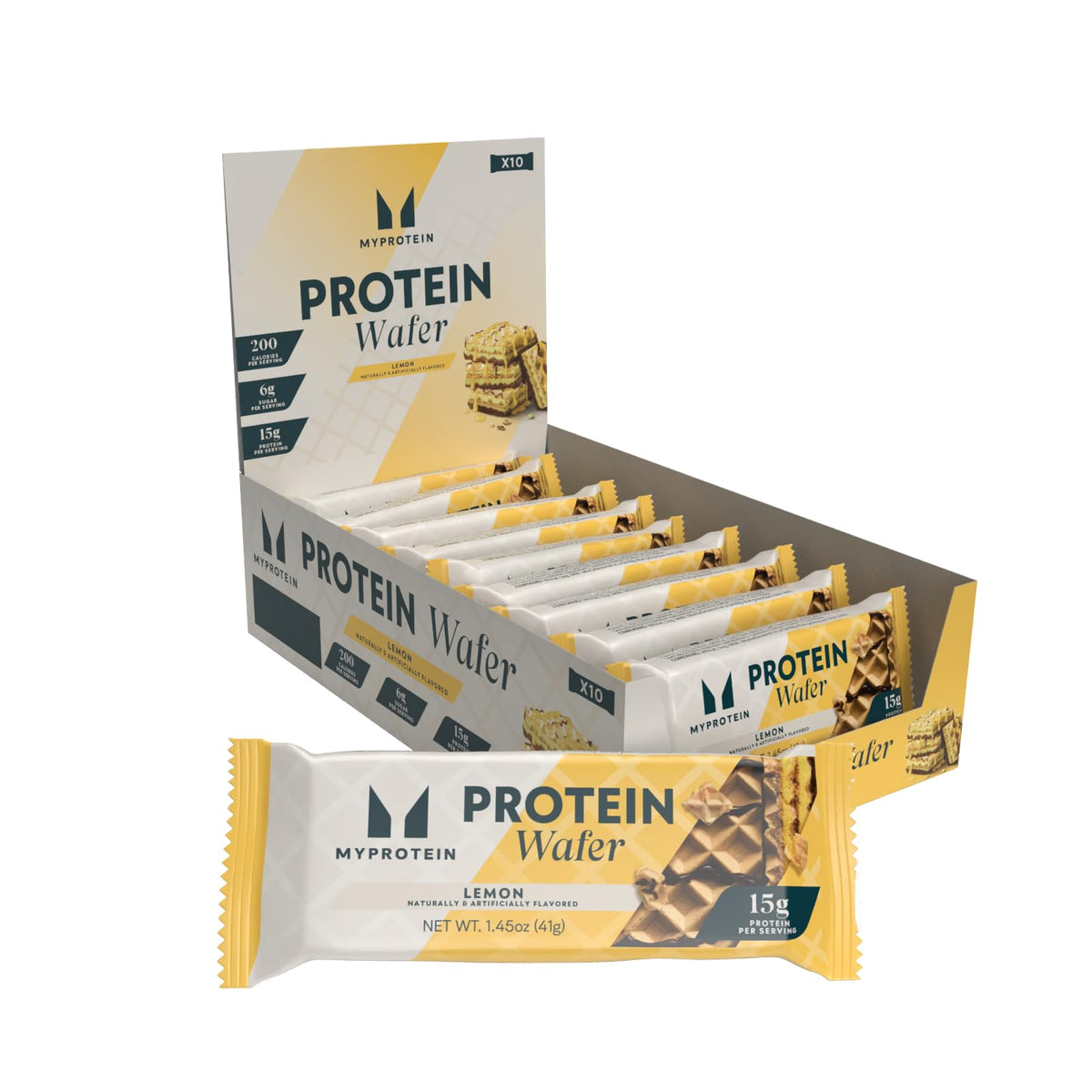Myprotein caja frontal de Crispy Protein Wafers limón mostrando embalaje y beneficios proteicos