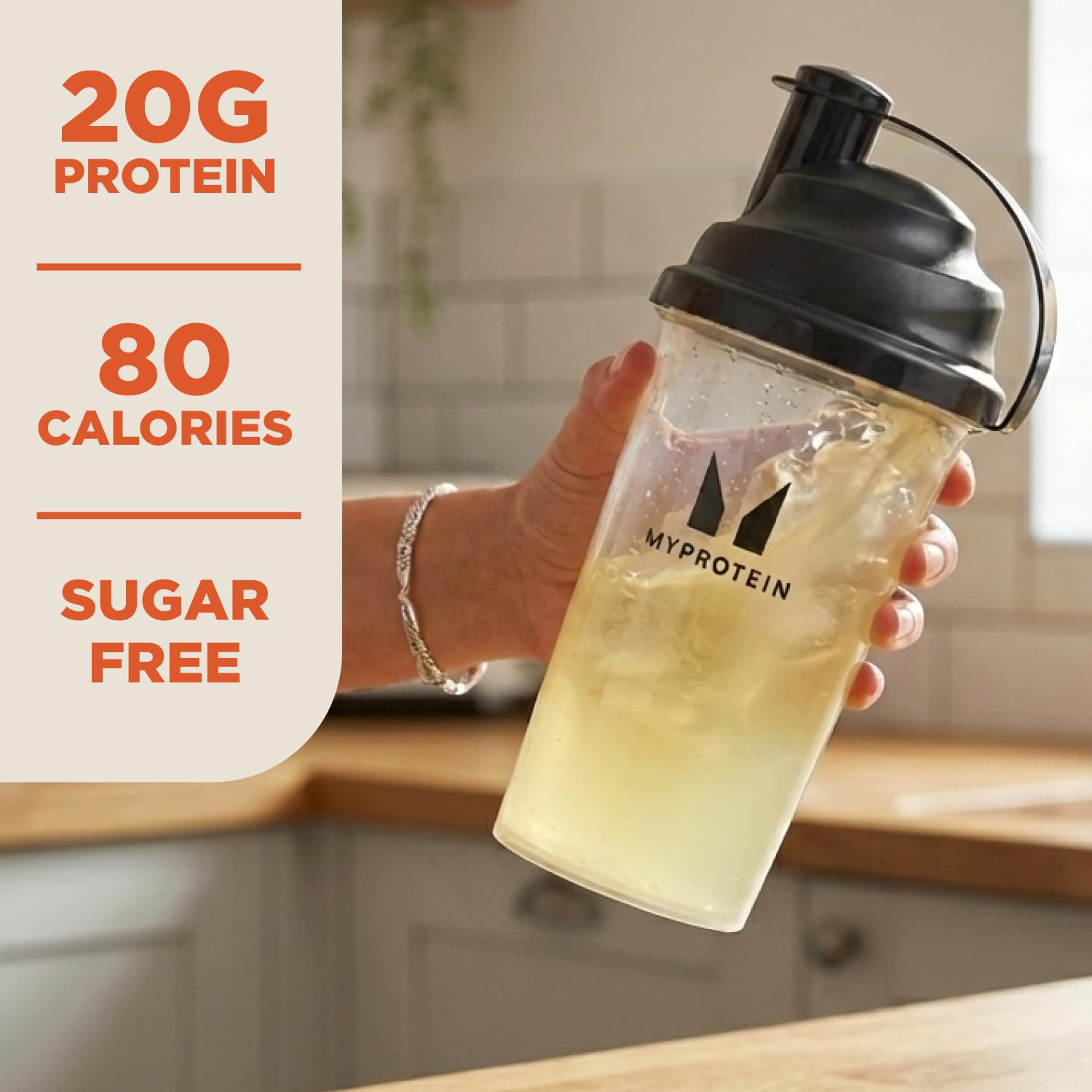 Myprotein etiqueta nutricional clara con 20 g proteína y 80 calorías