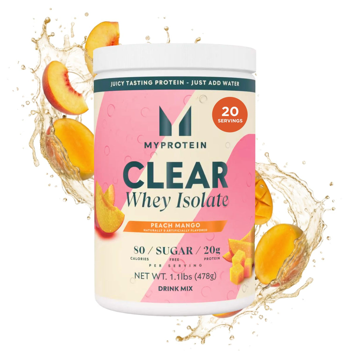 Myprotein bote frontal Peach Mango mostrando el envase y beneficio refrescante