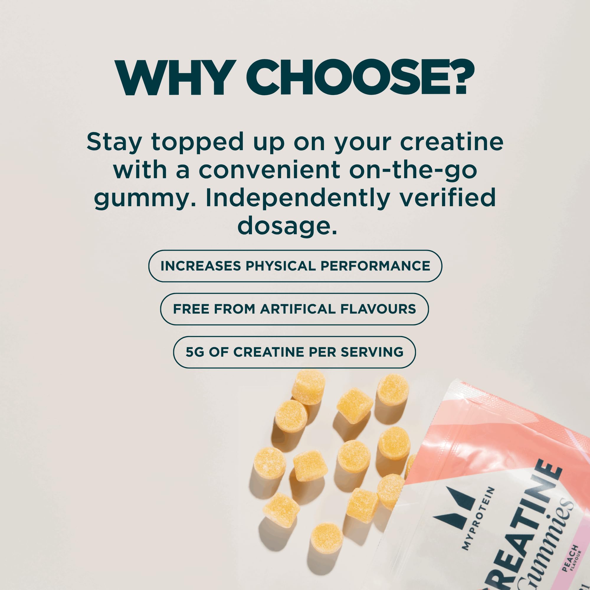 Myprotein gominola comparada con una mano para mostrar tamaño y dosificación fácil