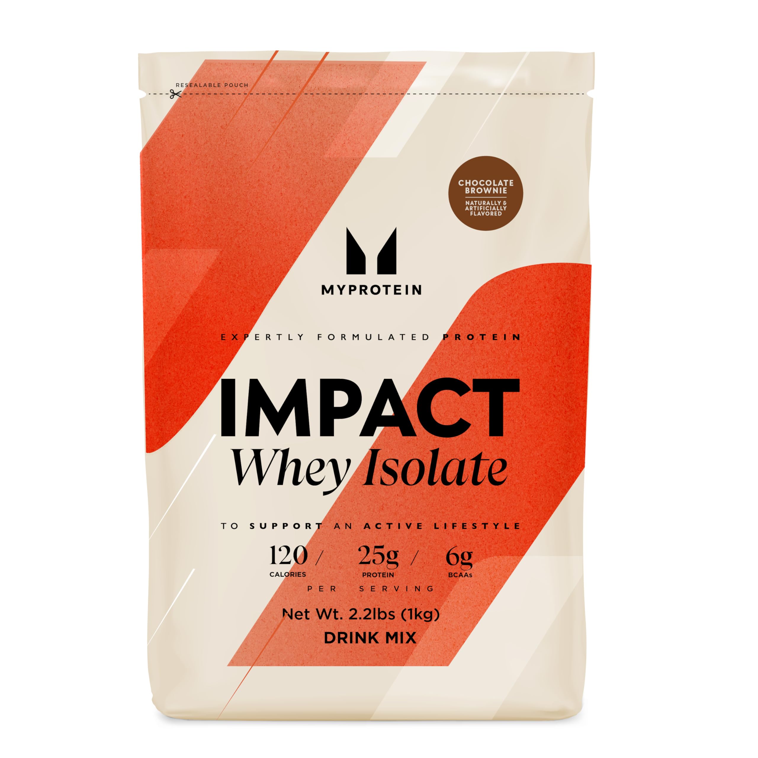 Myprotein envase frontal Impact Whey Isolate con sabor Chocolate Brownie mostrando beneficios