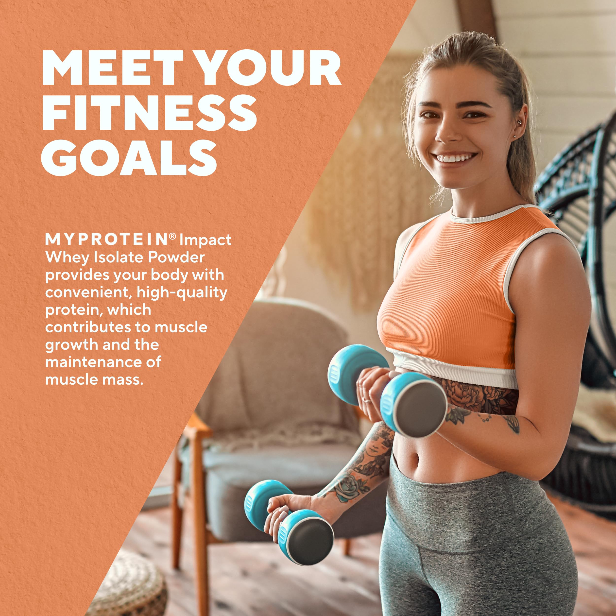 Myprotein comparación de porción Impact Whey Isolate junto a una botella para escala