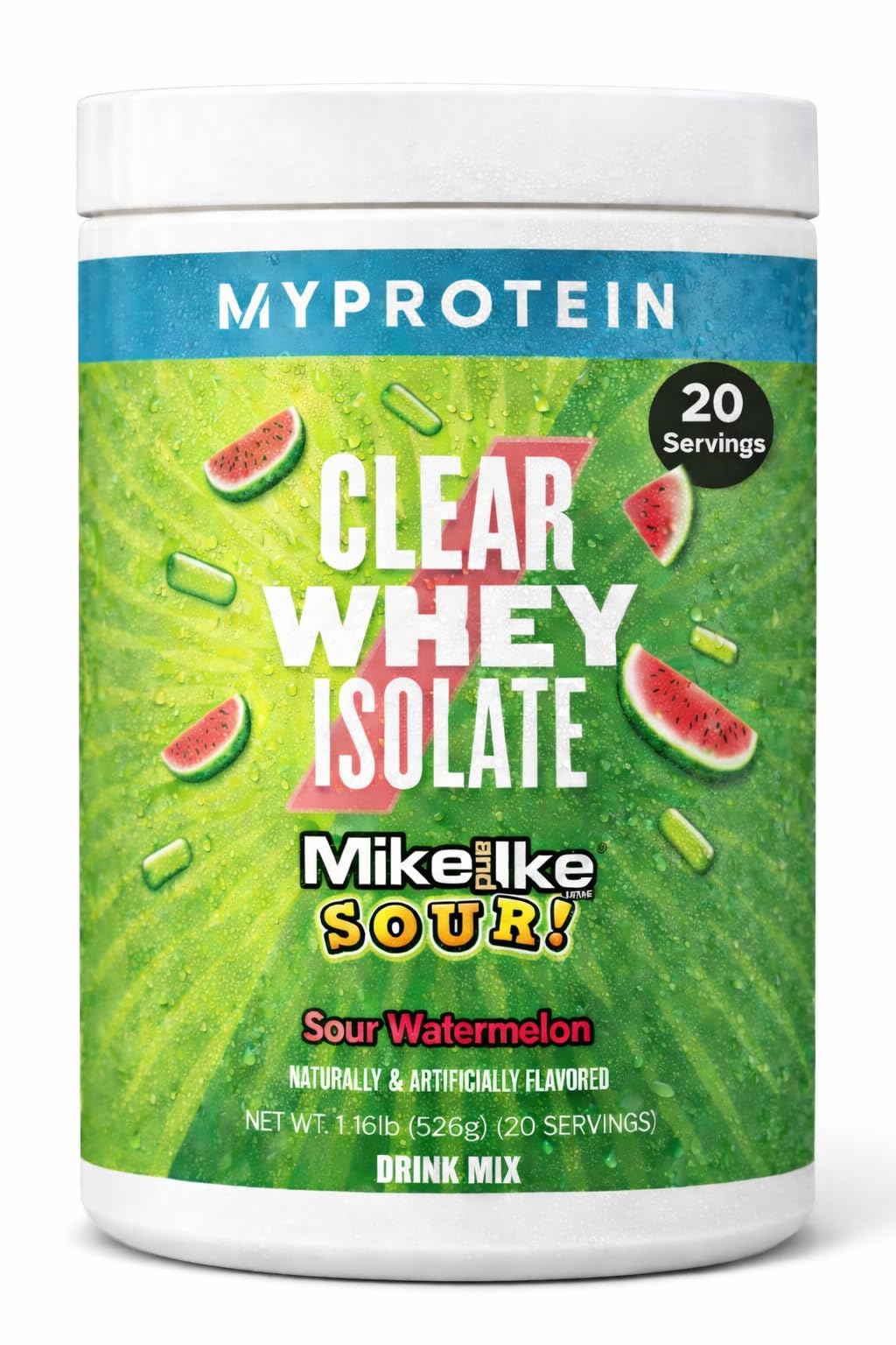 Myprotein envase frente mostrando sabor Sour Watermelon y atractivo refrescante