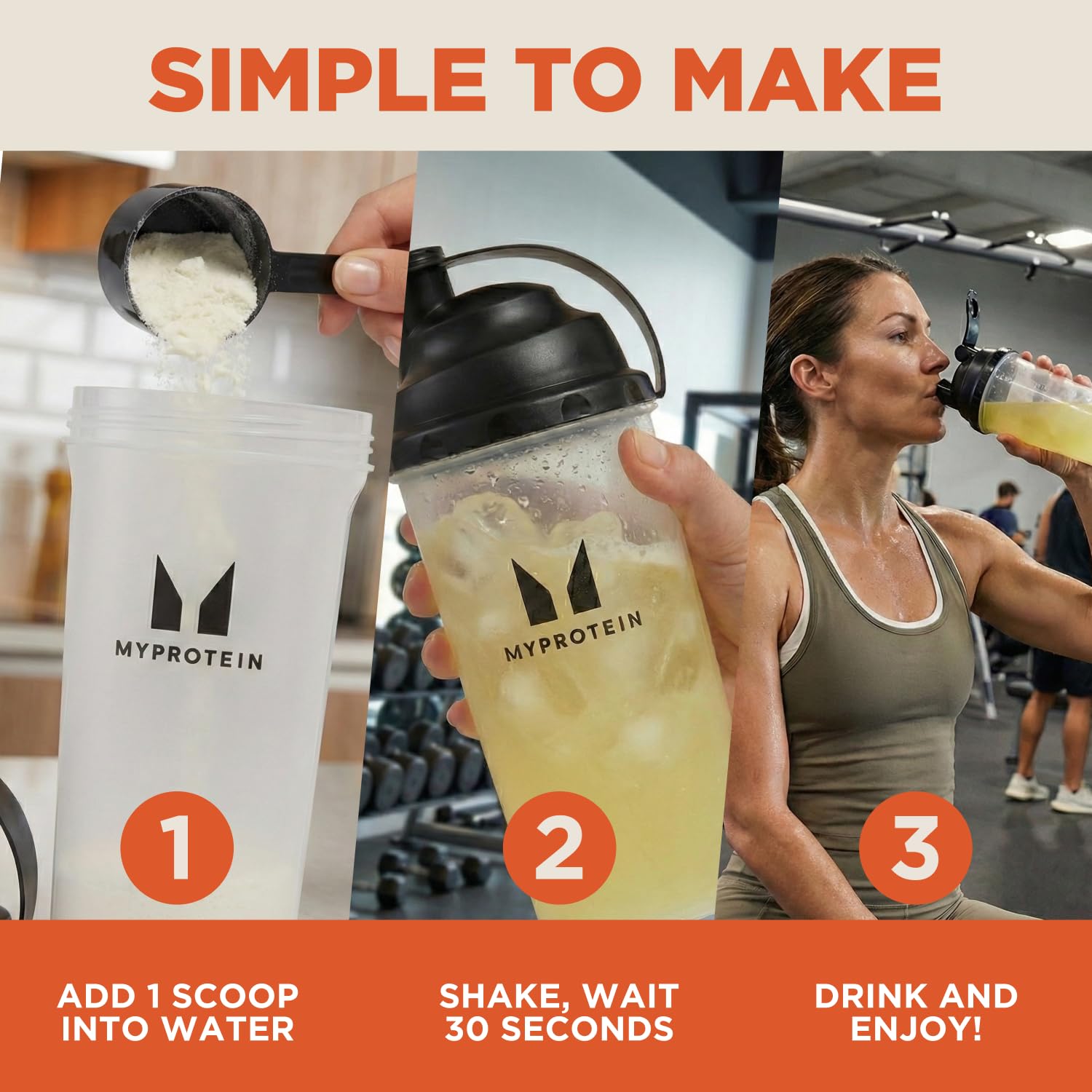 Myprotein bebida junto a pesas, beneficio recuperación post entrenamiento