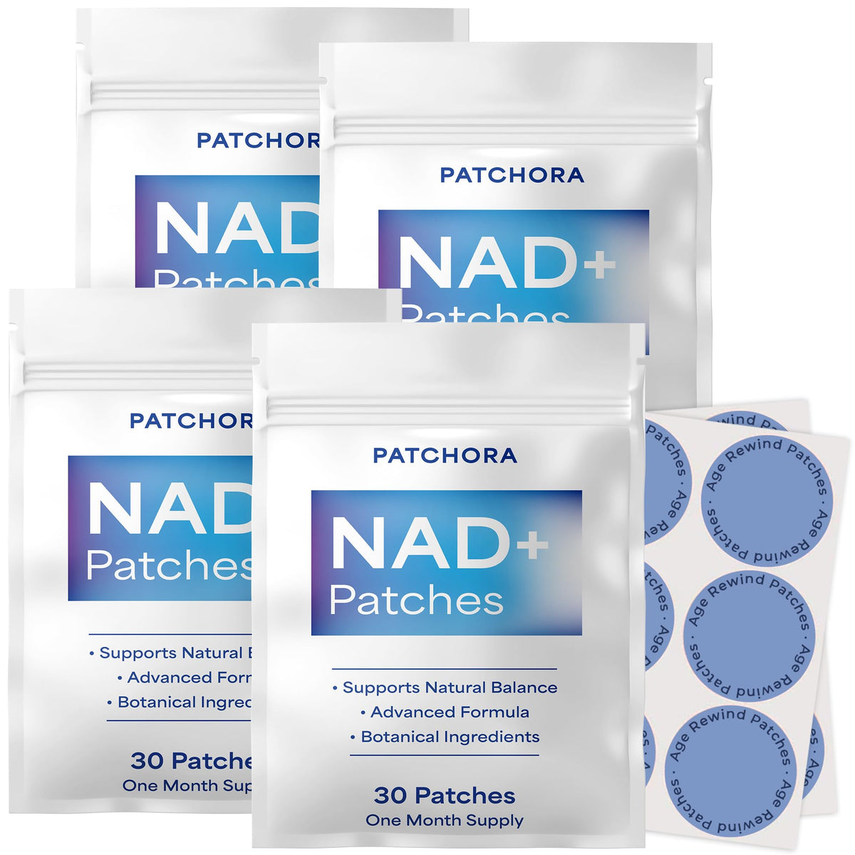 NAD+ Patches frente del envase mostrando cantidad y diseño, facilidad de uso