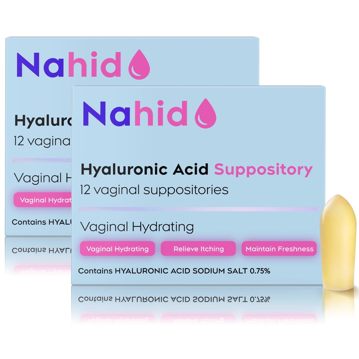Nahid frente del empaque mostrando 2 pack y 24 supositorios para comodidad prolongada