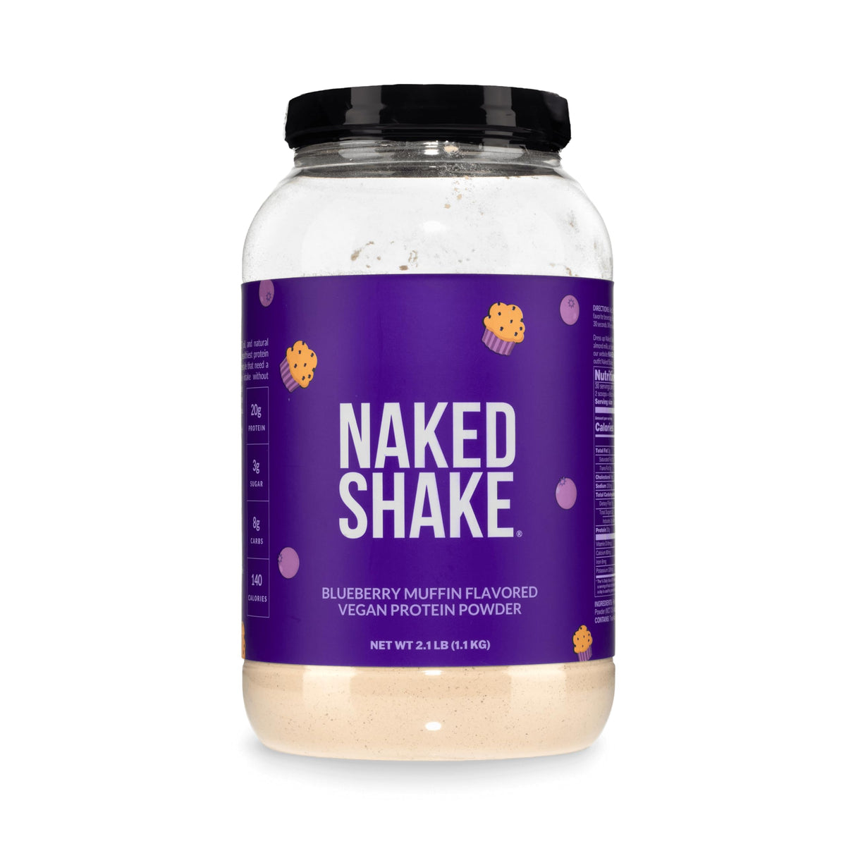 NAKED envase frontal mostrando sabor blueberry muffin y beneficio claro