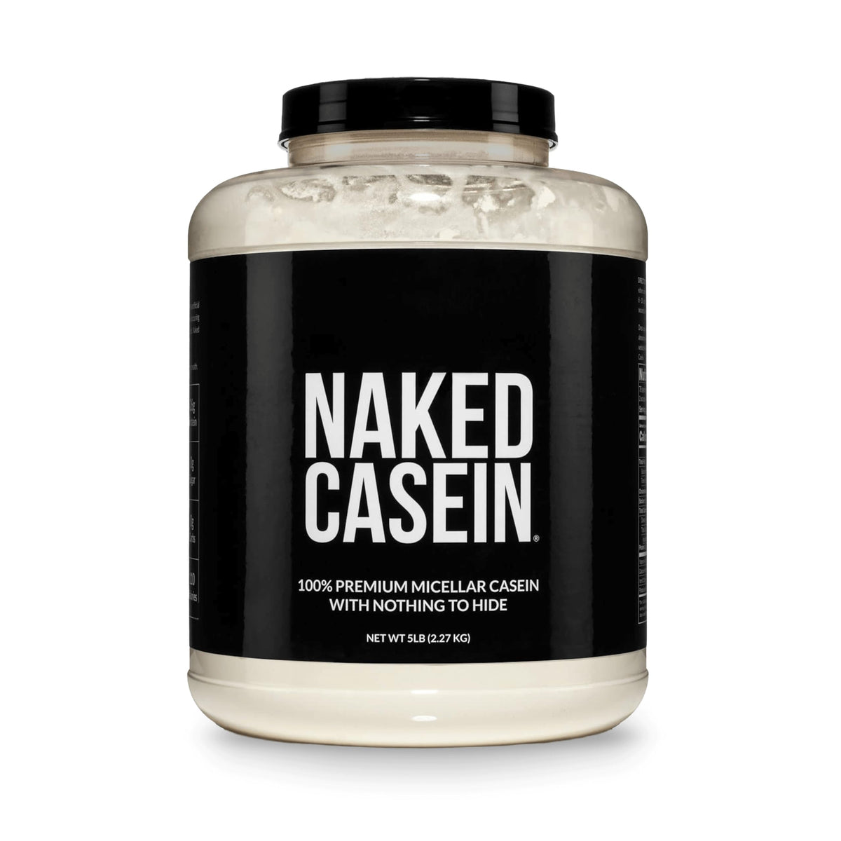 NAKED casein vista frontal del envase que muestra pureza y cantidad