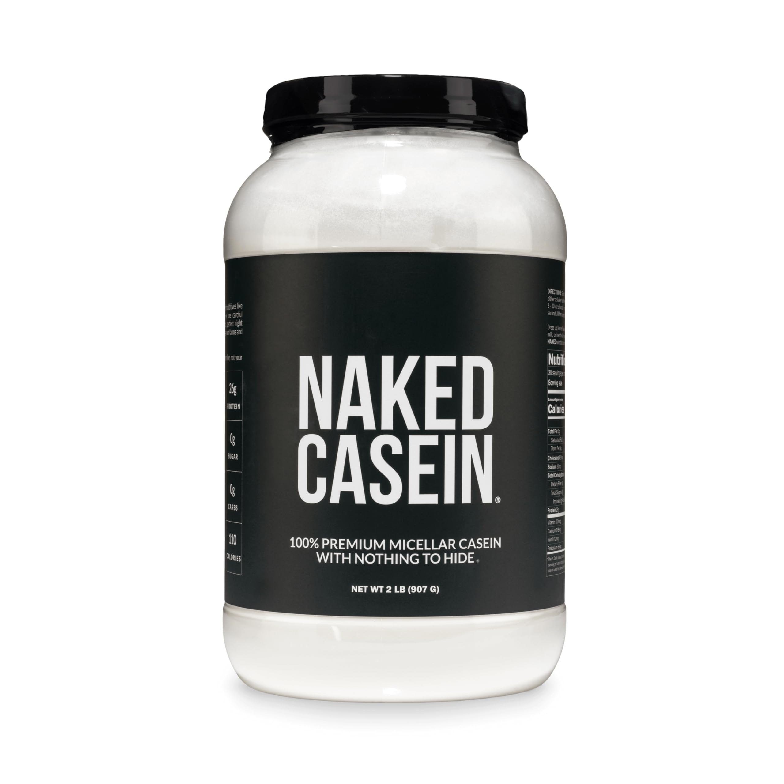 NAKED casein vista frontal del envase, claridad de ingrediente único y transparencia