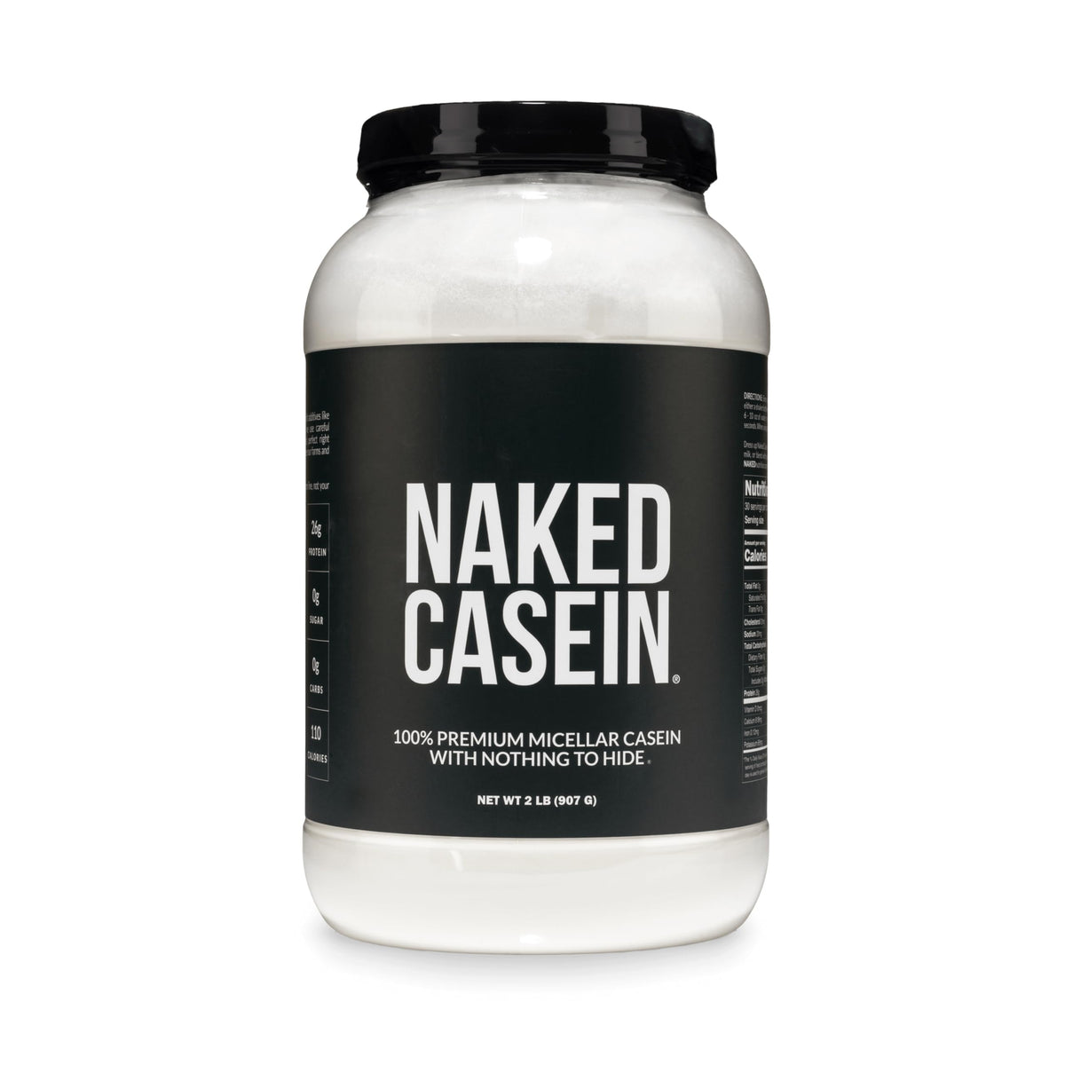 NAKED casein vista frontal del envase, claridad de ingrediente único y transparencia
