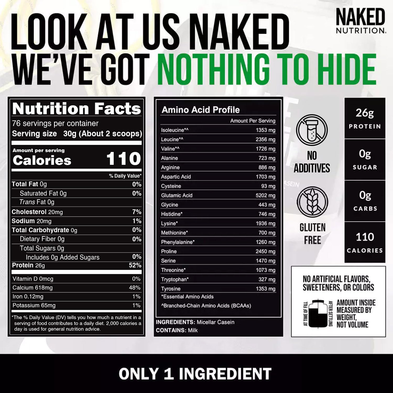 NAKED casein cuchara medidora con polvo mostrando porción exacta