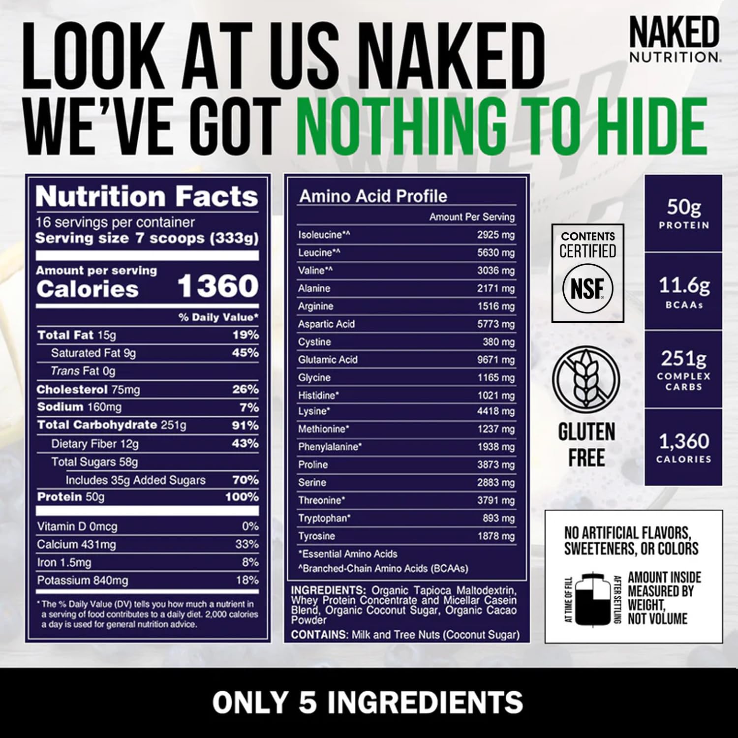 NAKED etiqueta nutricional y certificación NSF detalle de ingredientes limpios