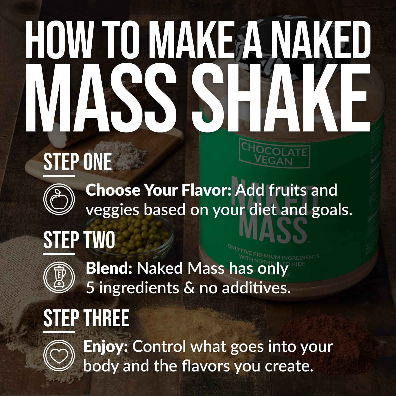 NAKED etiqueta nutricional con 1.280 kcal y 50 g proteína por porción