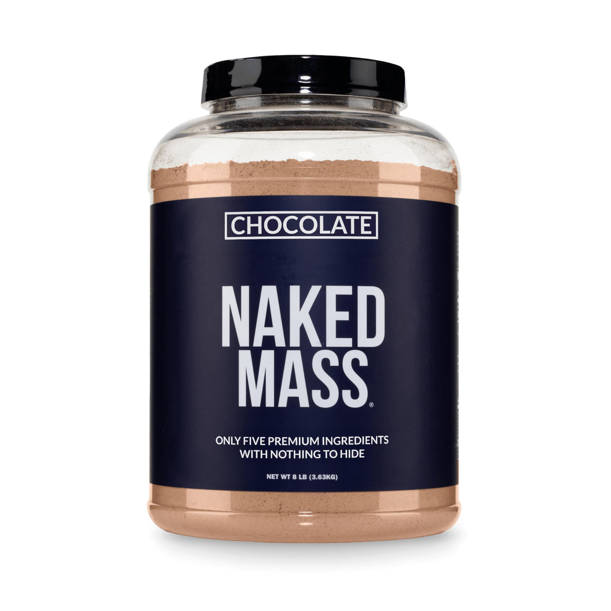 NAKED envase frontal mostrando branding y tamaño 8 lb, confianza visual