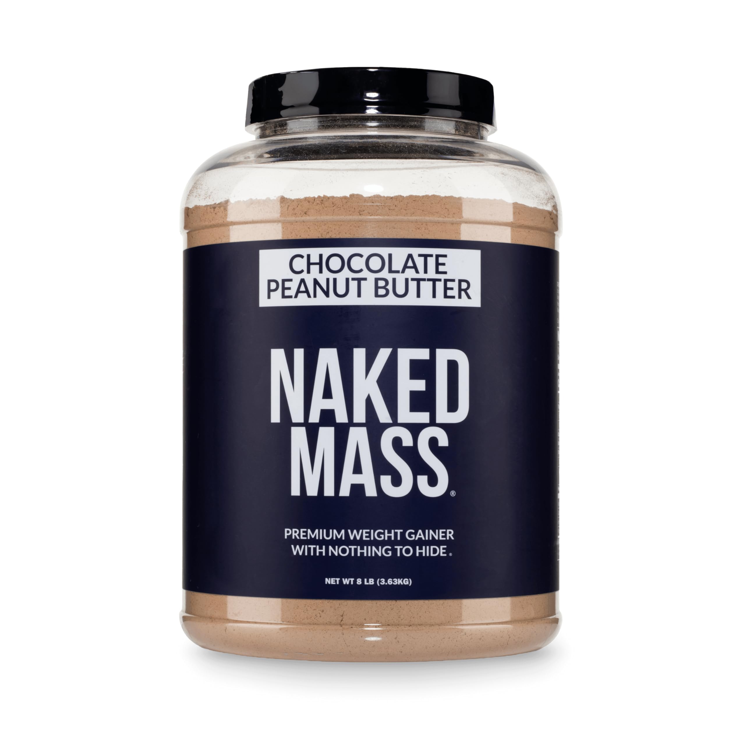 NAKED envase frontal del Chocolate Peanut Butter Mass mostrando etiqueta y tamaño, confianza en ingredientes