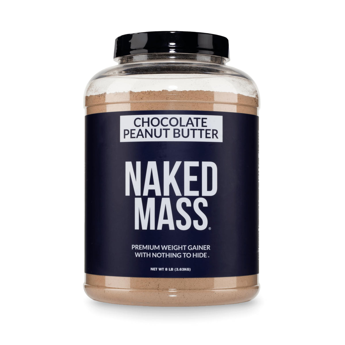 NAKED envase frontal del Chocolate Peanut Butter Mass mostrando etiqueta y tamaño, confianza en ingredientes