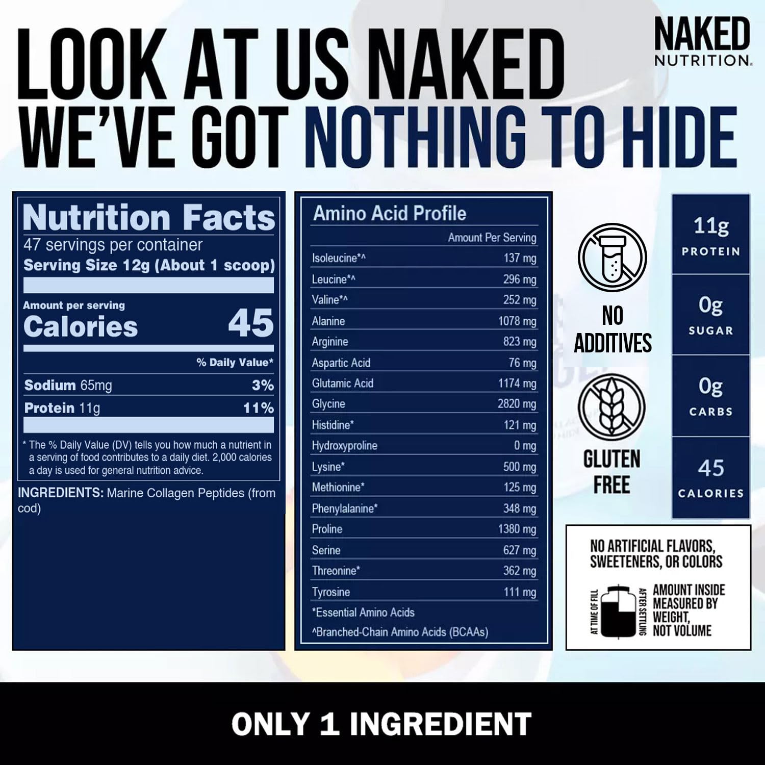 NAKED etiqueta nutricional en detalle mostrando ingredientes limpios y claros