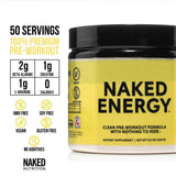 NAKED Energy detalle de la etiqueta que destaca certificación NSF y ingredientes