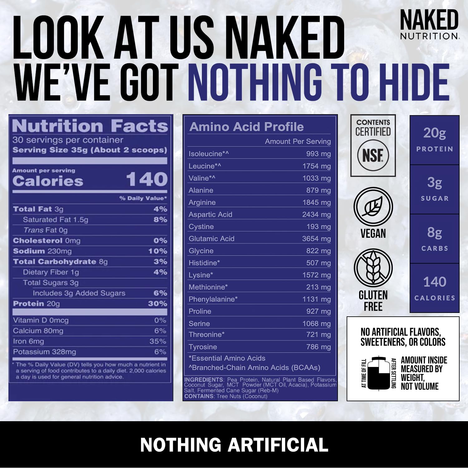 NAKED etiqueta con listado de ingredientes y certificación NSF visible