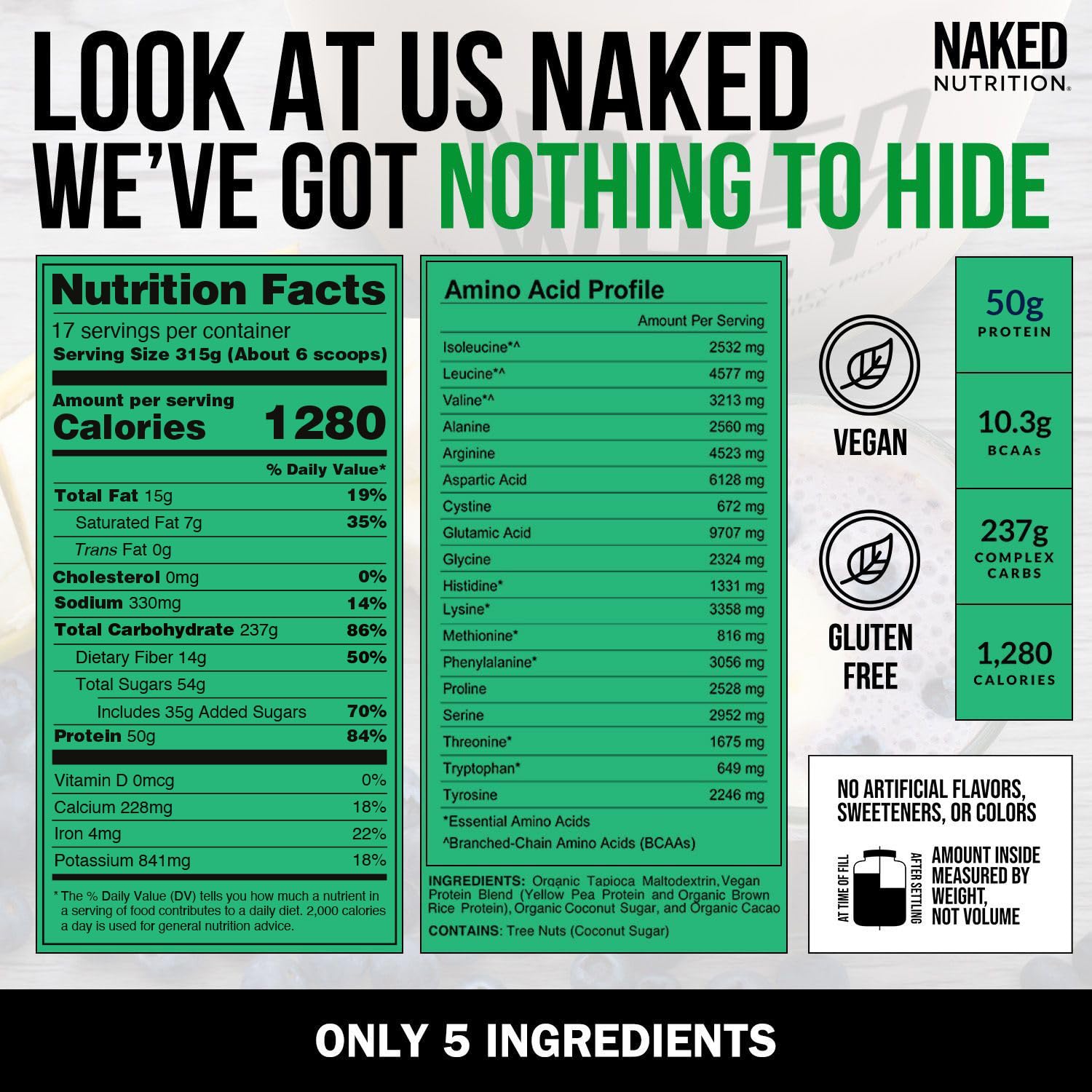 NAKED etiqueta con lista de ingredientes limpios y beneficios claros