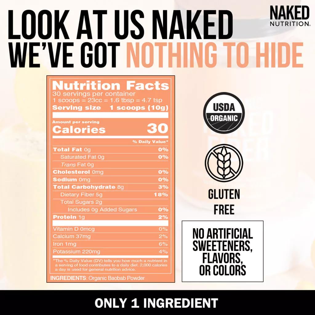 NAKED Fiber cuchara medidora con polvo indica porción precisa y control