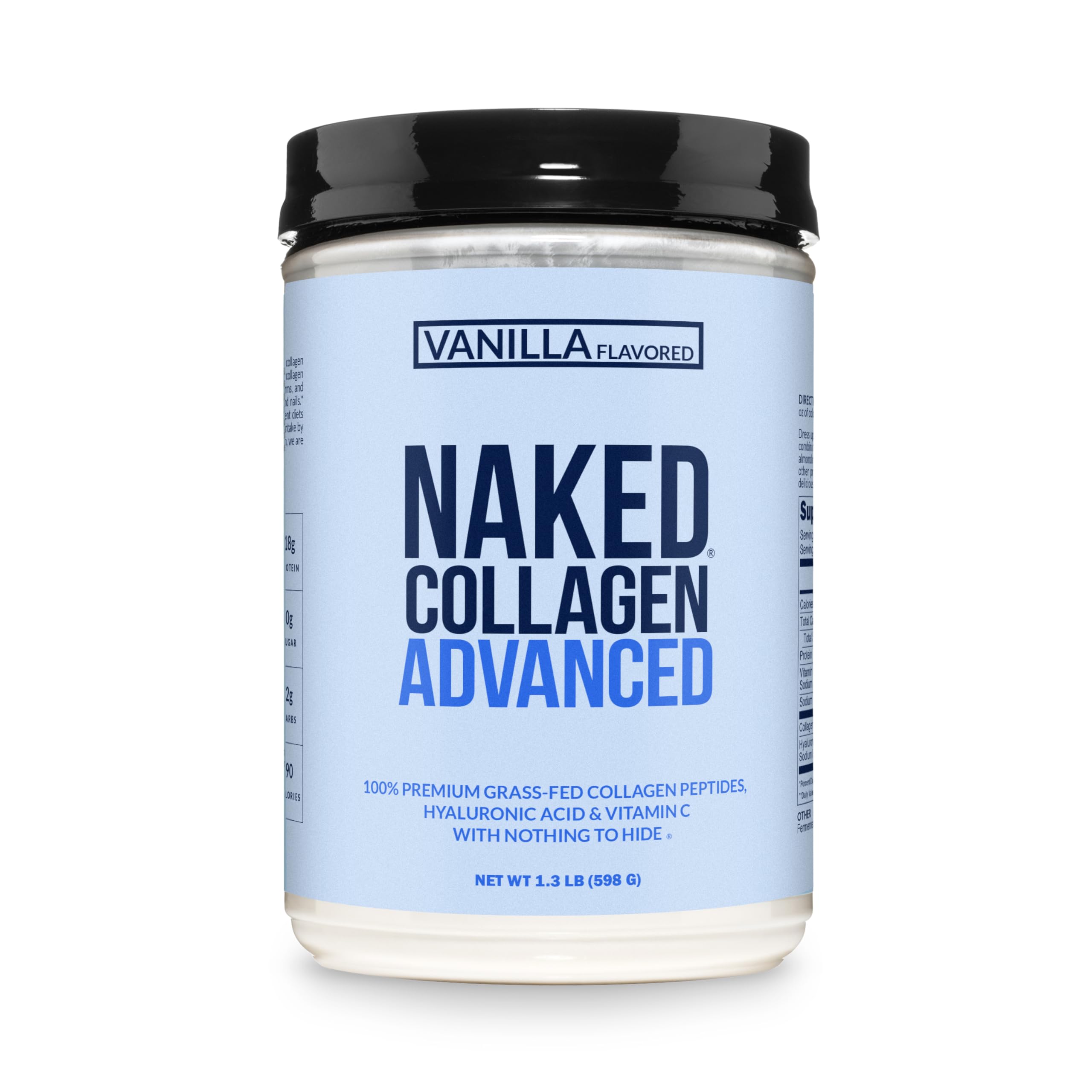 NAKED envase frontal de Vanilla Collagen Advanced mostrando el tamaño y beneficio de pureza