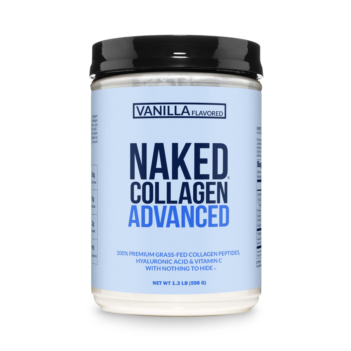 NAKED envase frontal de Vanilla Collagen Advanced mostrando el tamaño y beneficio de pureza