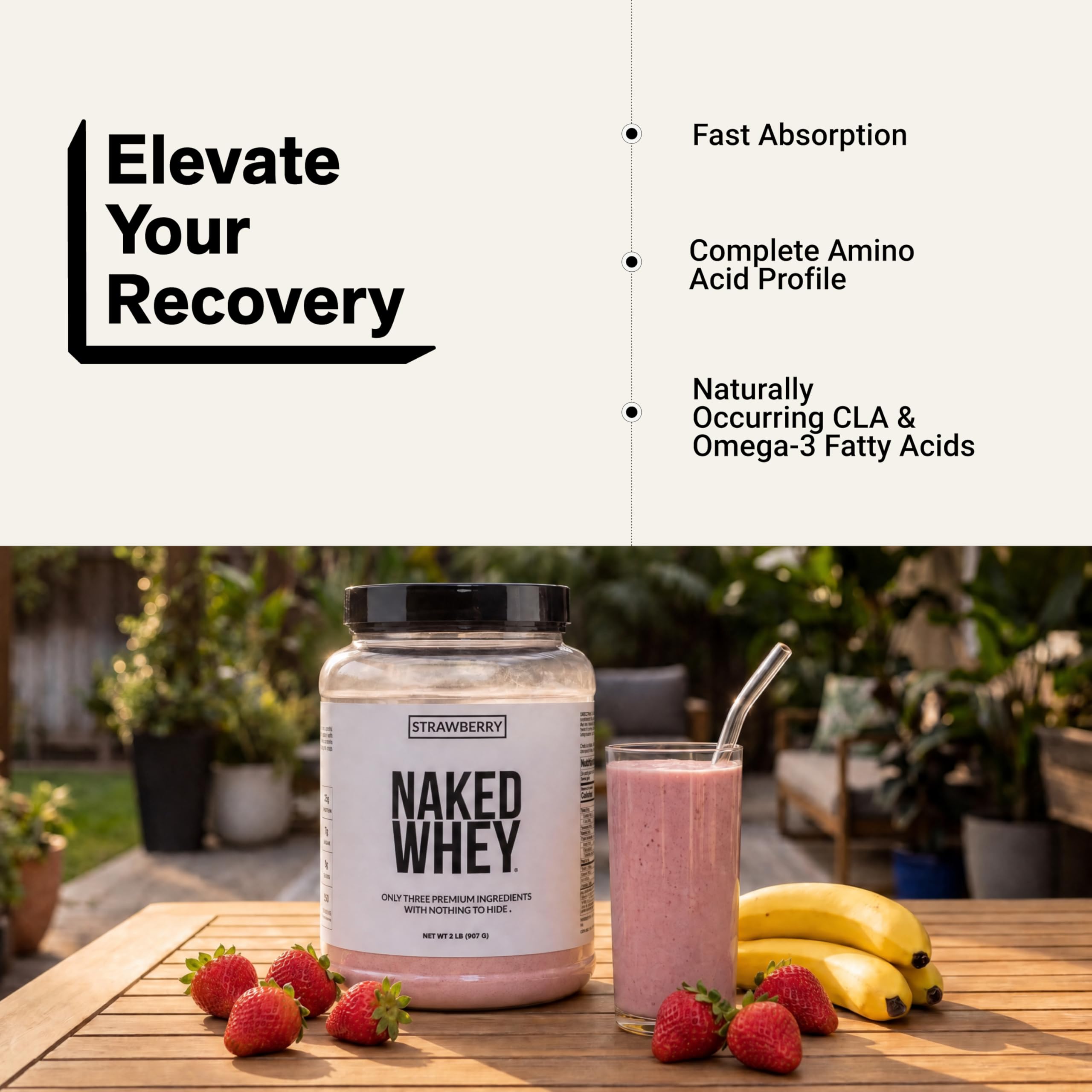 NAKED etiqueta nutricional mostrando 25g proteína y origen grass fed