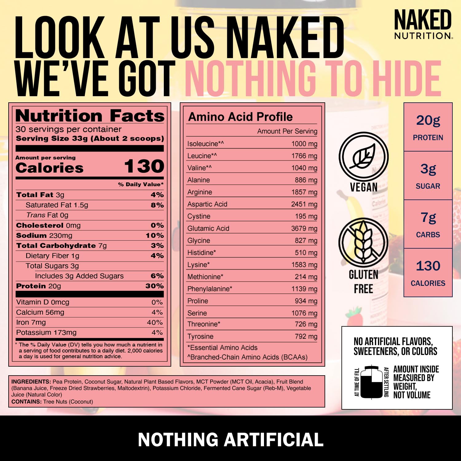 NAKED ingredientes: guisantes amarillos y frutas naturales para sabor limpio