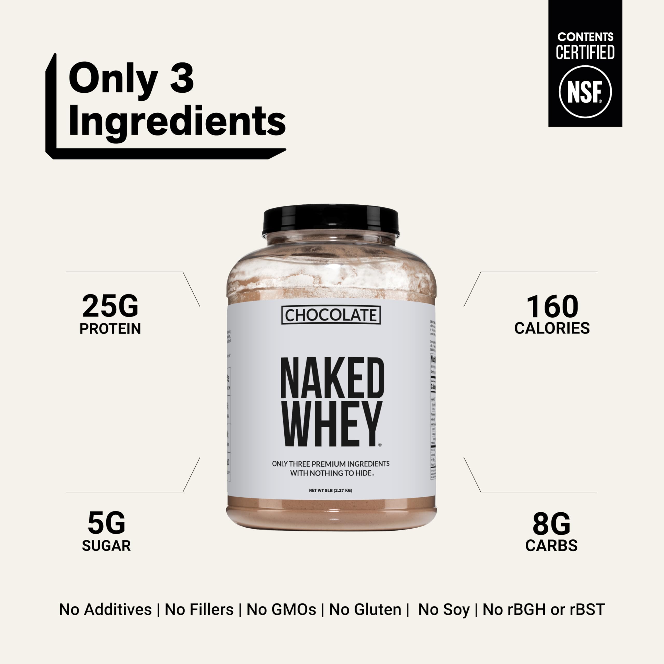 NAKED ingredientes tres: suero, cacao y azúcar de coco, transparencia y limpieza