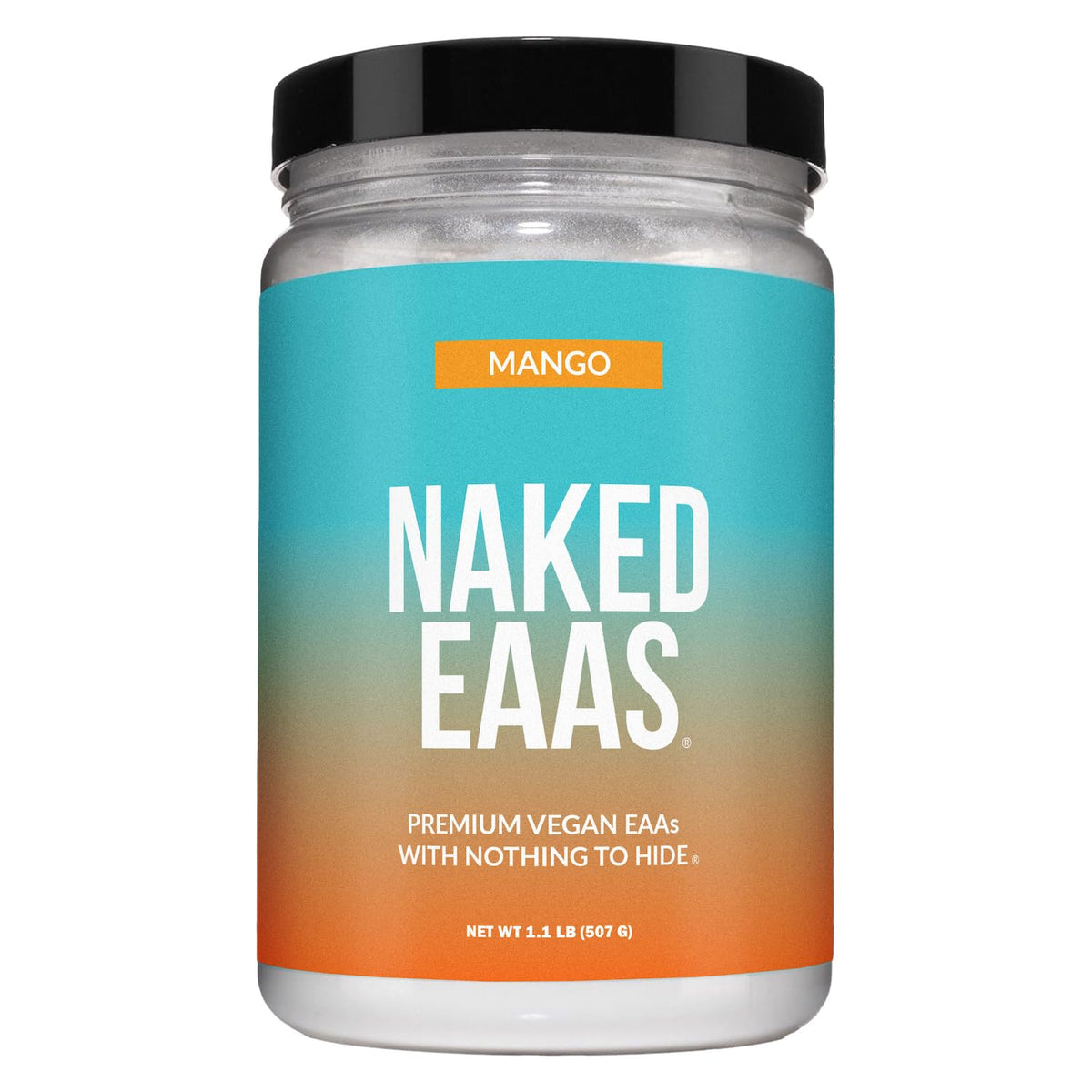 NAKED envase frontal con sabor mango y diseño claro, beneficio pureza