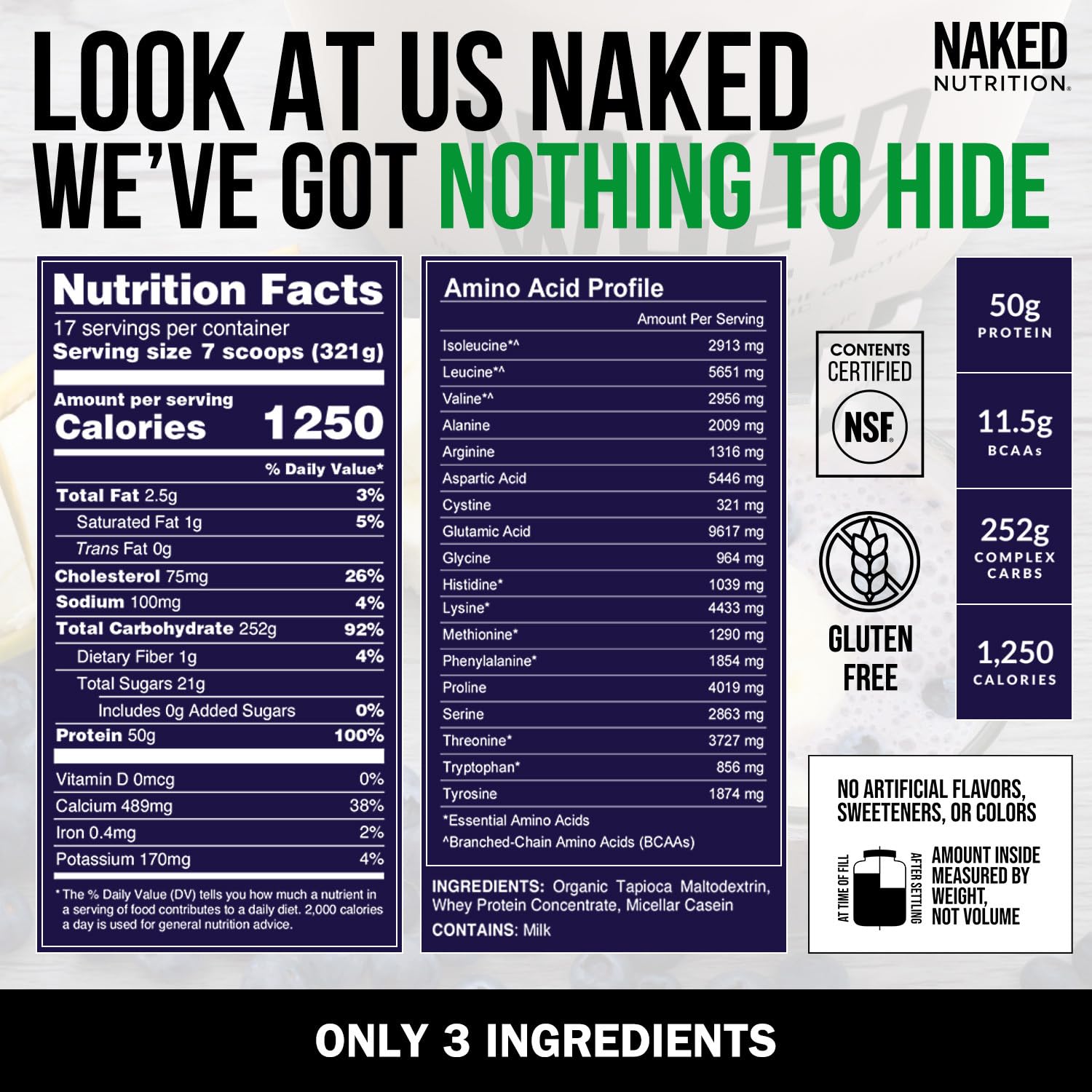 NAKED Mass etiqueta nutricional clara, demuestra macros y certificación NSF