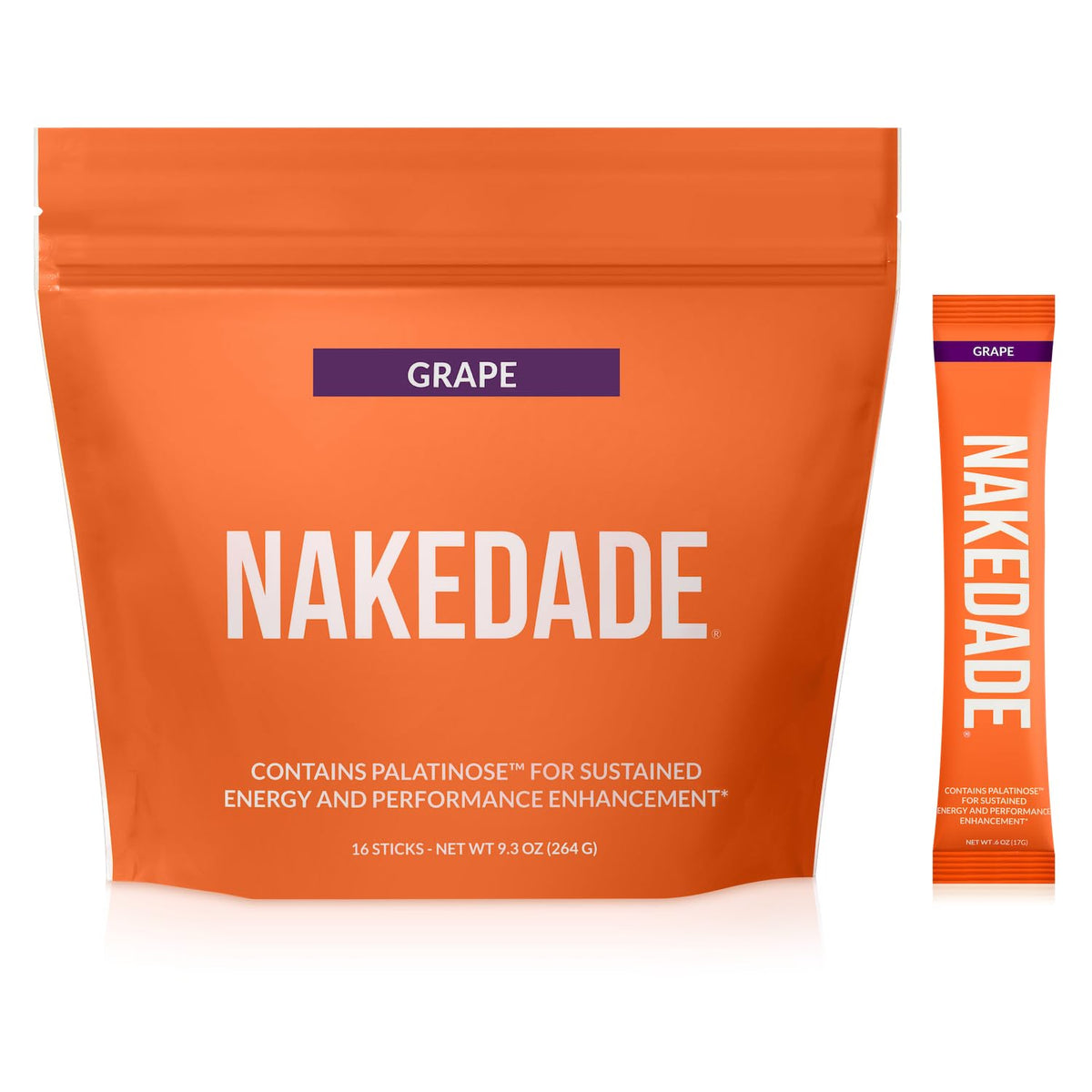 NAKED Nakedade Grape frente del paquete mostrando 16 sticks y beneficios de electrolitos