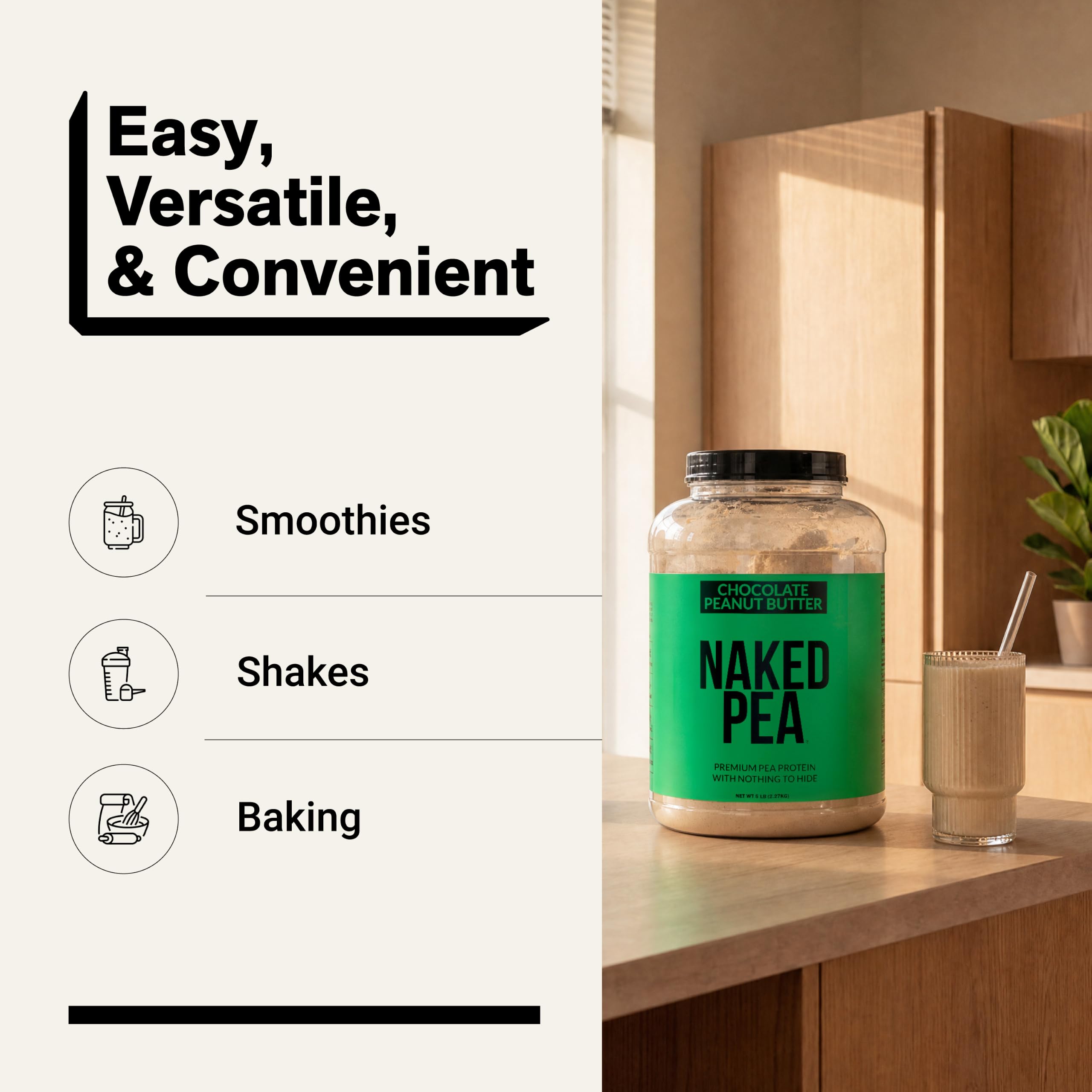 NAKED Pea tamaño del envase comparado con una botella para escala