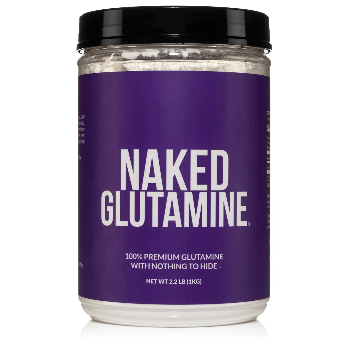 NAKED envase frontal de L‑glutamina mostrando pureza y diseño claro