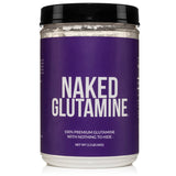 NAKED envase frontal de L‑glutamina mostrando pureza y diseño claro