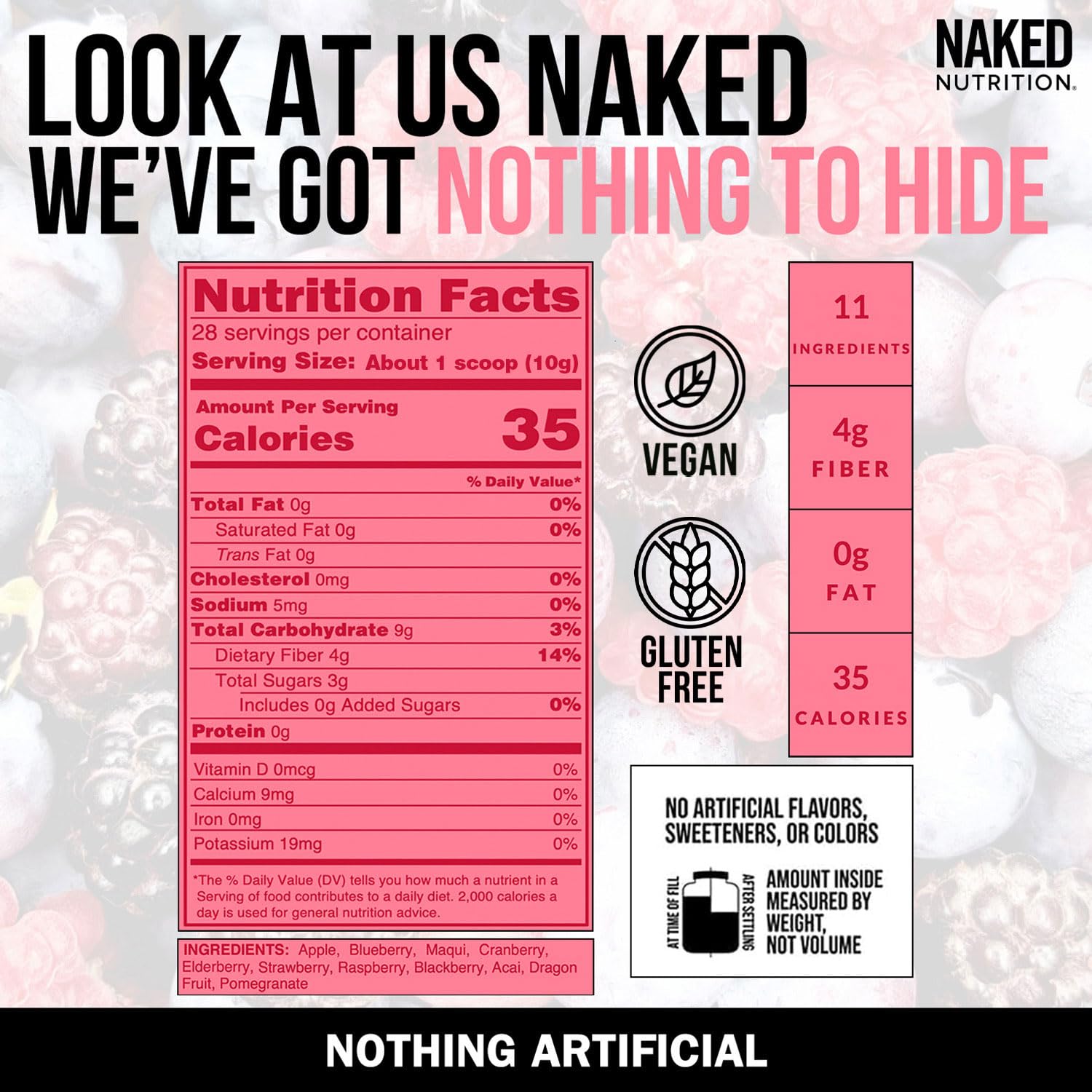 NAKED Reds etiqueta de ingredientes legible, confirma sin aditivos ni GMO