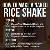 NAKED Rice en escena de vida saludable con frutas y batido, sugiere versatilidad