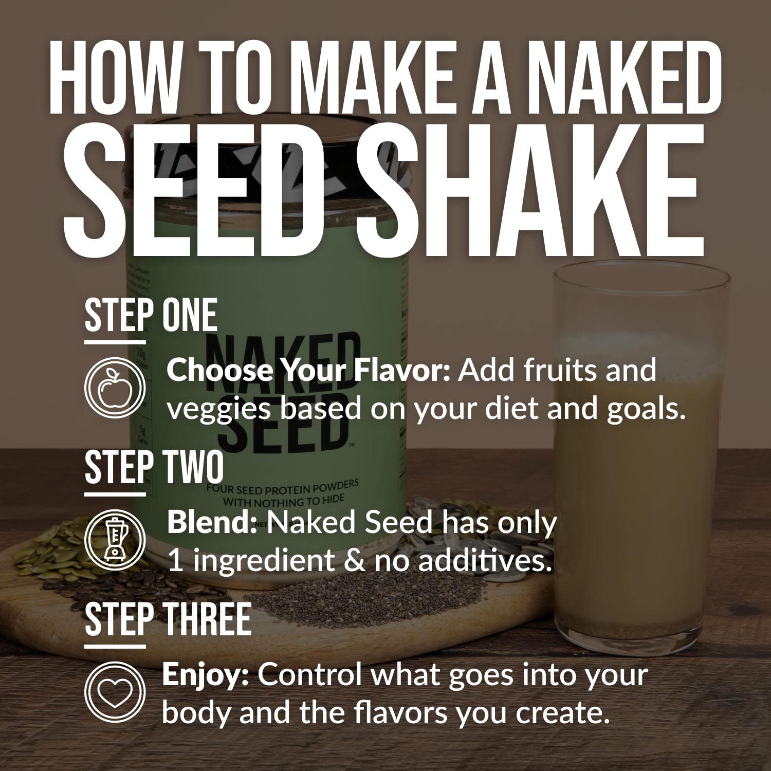 Naked Nutrition naked seed comparación de tamaño del envase con una mano para referencia