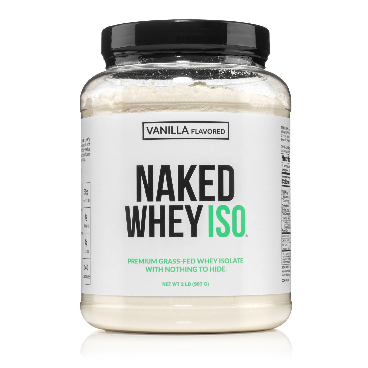 NAKED envase frontal de Vanilla Whey Isolate, muestra transparencia y beneficio limpieza