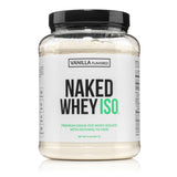 NAKED envase frontal de Vanilla Whey Isolate, muestra transparencia y beneficio limpieza