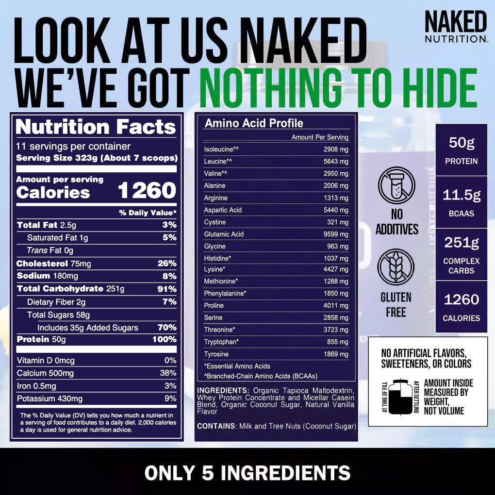 NAKED ingredientes orgánicos tapioca y azúcar de coco, carbohidratos limpios