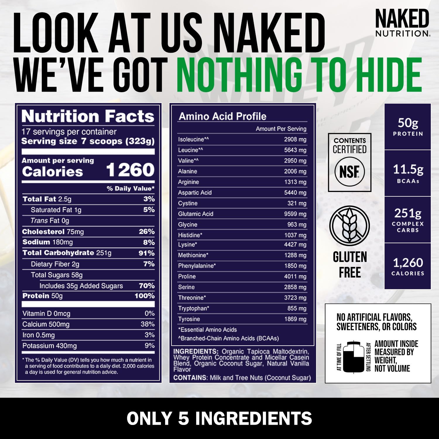 NAKED cuchara con porción de Vanilla Mass para comparar tamaño