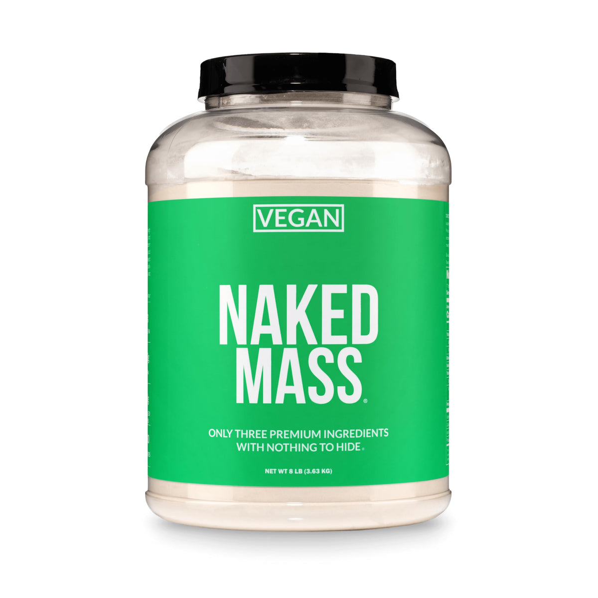 NAKED envase frontal del Vegan Mass mostrando diseño y beneficio de calorías altas