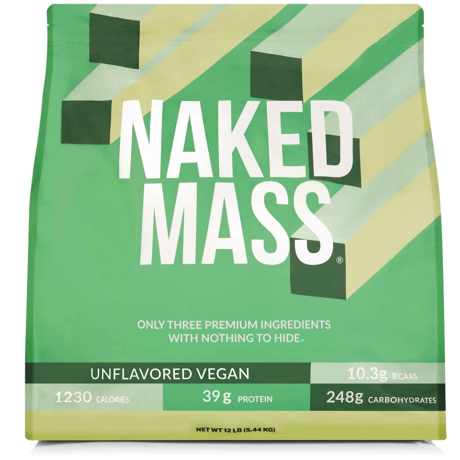 NAKED envase frontal del gainer vegano mostrando el tamaño y la etiqueta clara