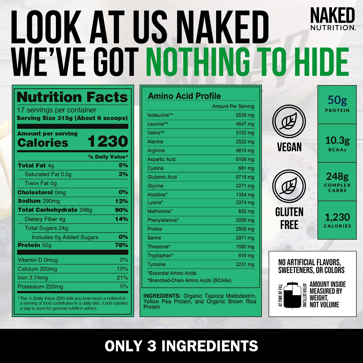 NAKED ingredientes —guisante, arroz y tapioca— mostrando origen orgánico y limpio