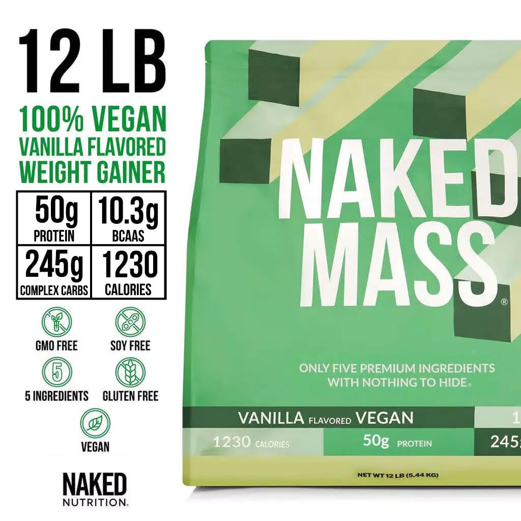 NAKED batido de Vegan Mass vainilla en vaso, rápido aporte calórico postentreno