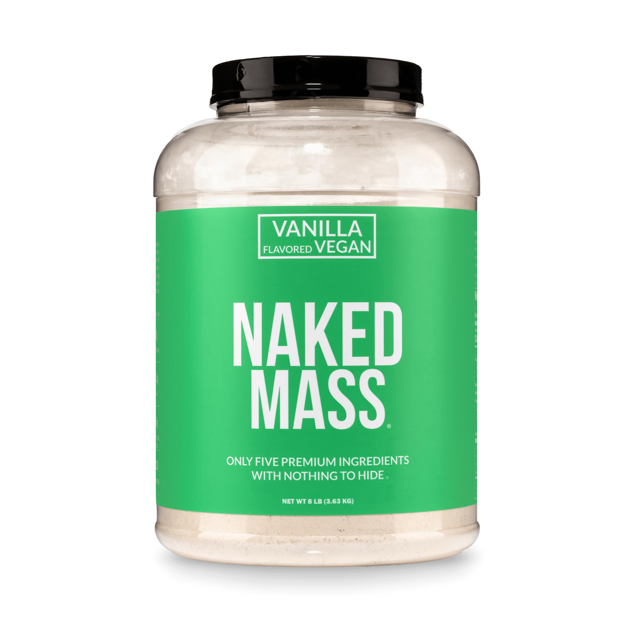 NAKED envase frontal del Vegan Mass vainilla mostrando diseño limpio y beneficios