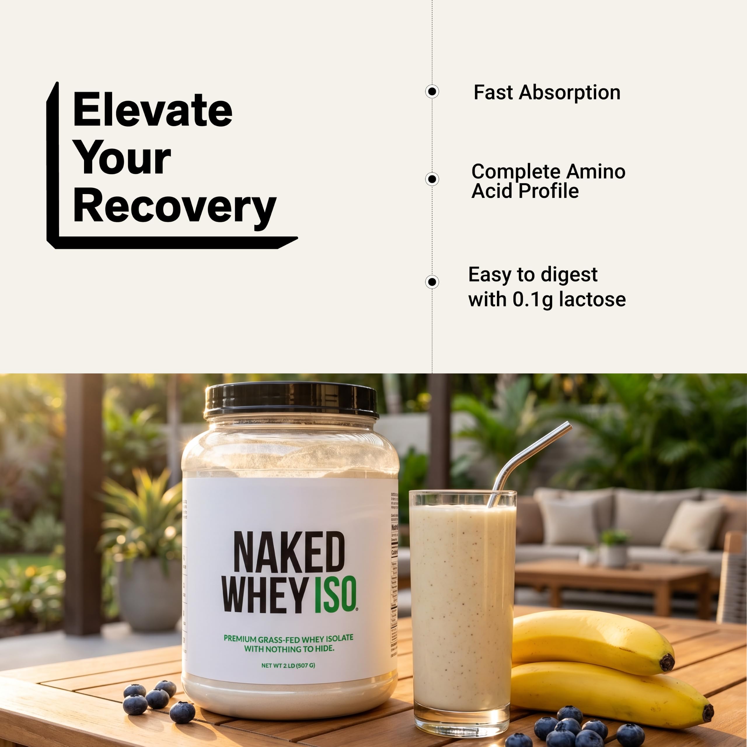 NAKED producto junto a pesas, apoyo proteico para entrenamiento